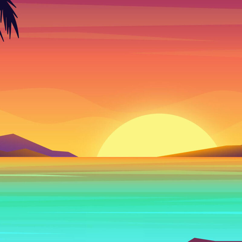 A sunset over the ocean with palm trees in front of it.