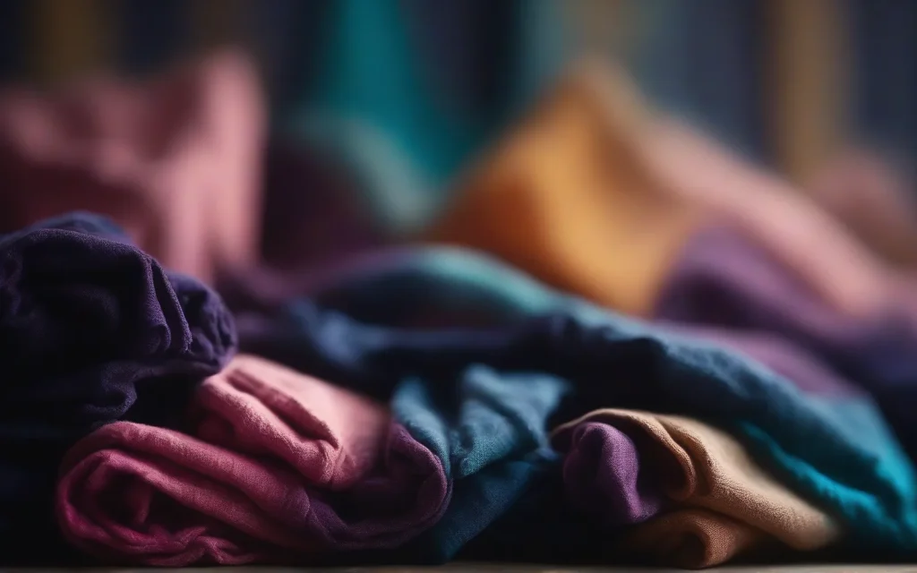 Abstract still life of folded soft textiles under a small warm lamp, the light falling away into deep indigo darkness