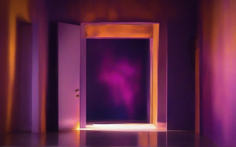 Abstract photograph of a doorway of warm amber light opening into deep violet darkness, glow spilling across the floor