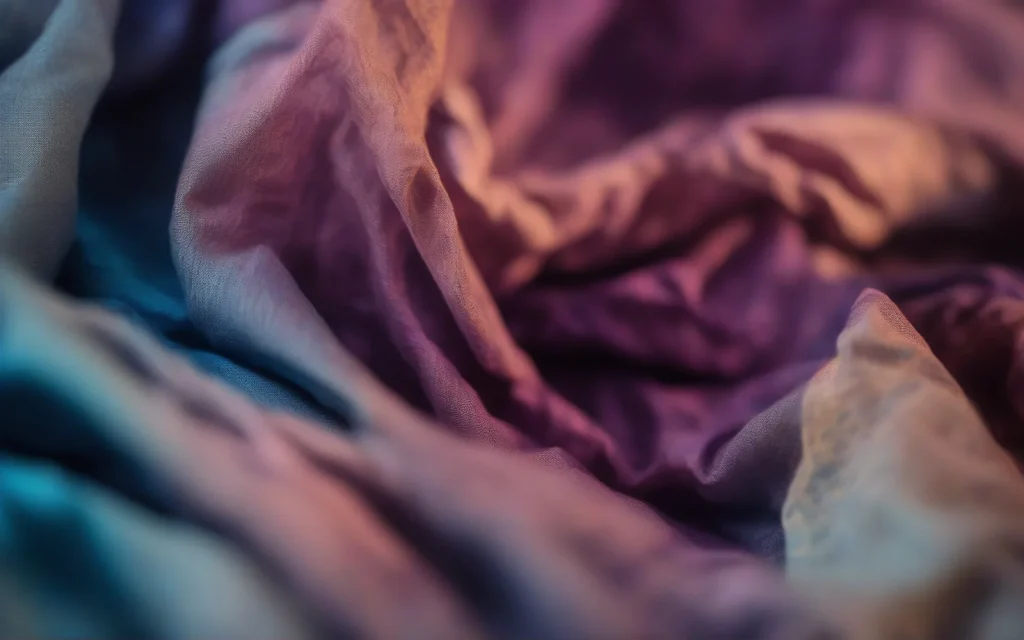 Abstract macro photograph of crumpled linen in deep blue shadow with one diagonal band of warm light