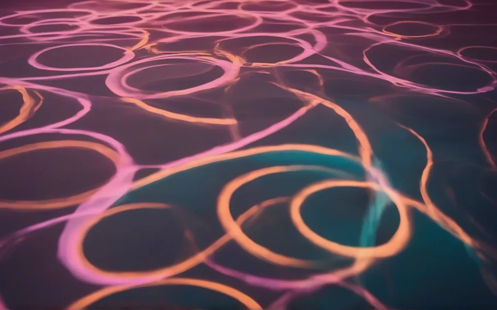 Abstract photograph of a loose circle of warm overlapping light pools cast on a dark floor