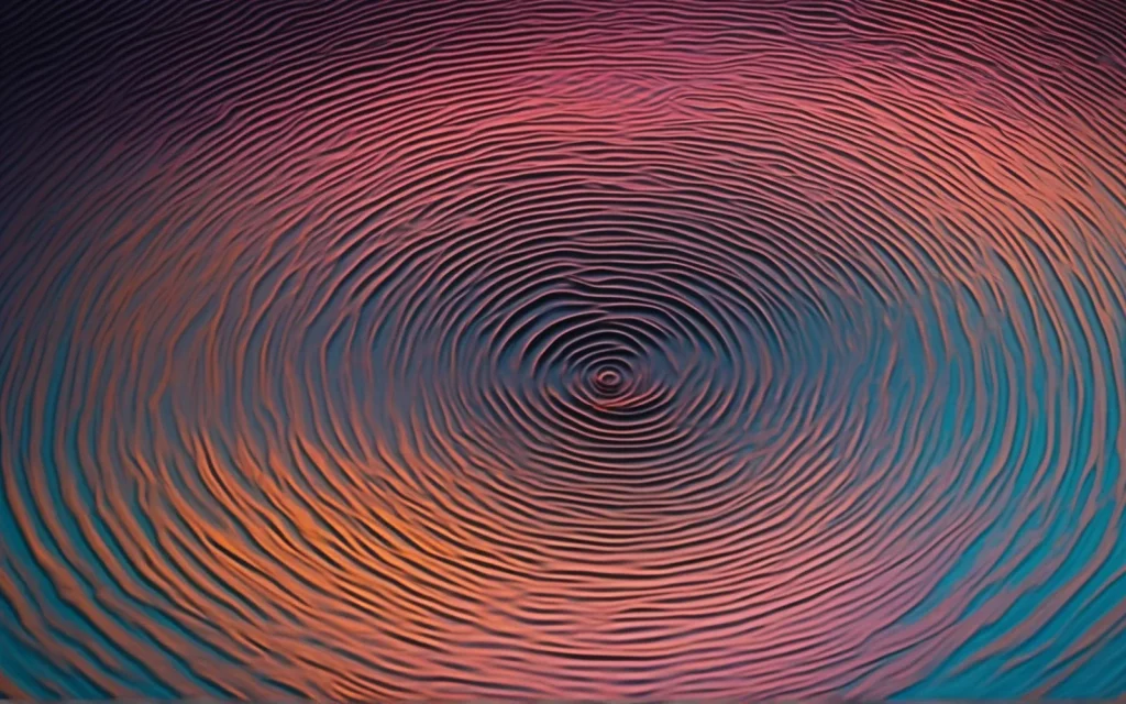Abstract photograph of concentric ripples spreading slowly across dark still water, lit from one side in warm amber