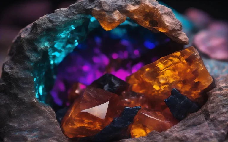 Abstract macro photograph of a rough dark stone split open to reveal a glowing amber and cyan crystal interior