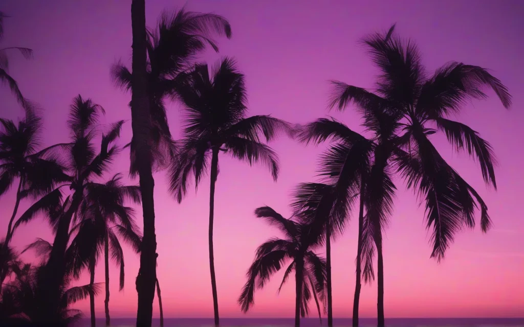 Abstract photograph of palm fronds silhouetted against a violet and sunset-pink dusk sky in soft haze
