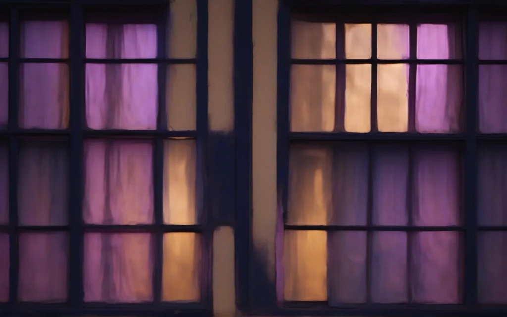 Abstract photograph of a dark window at night, faint light blooming through the glass in deep blue and violet