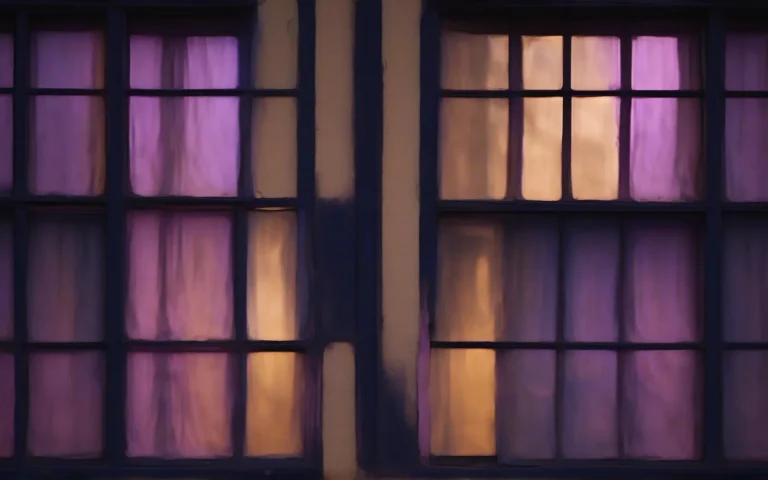 Abstract photograph of a dark window at night, faint light blooming through the glass in deep blue and violet