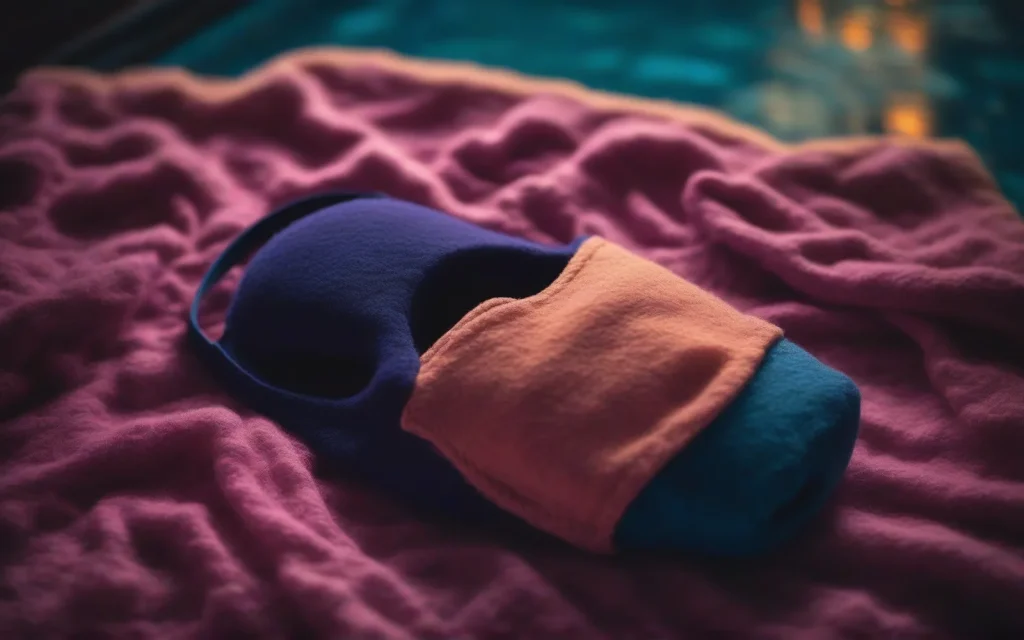 Abstract still life of a soft sleep mask and folded wool resting in a pool of warm lamplight, deep shadow all around