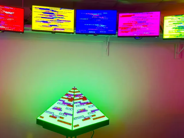 The glowing green pyramid of the Light System under a row of bright red, yellow, blue, pink and lime screens.