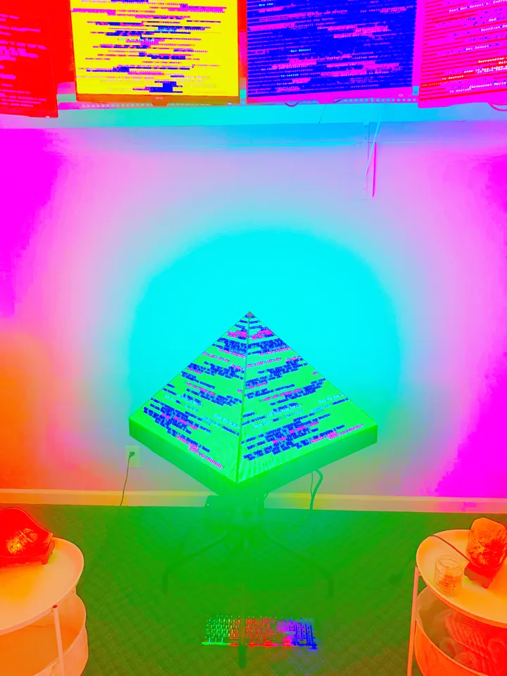 A glowing pyramid with lines of text scrolling across its faces, beneath wall screens of scrolling text, with a salt lamp on a side table on each side.